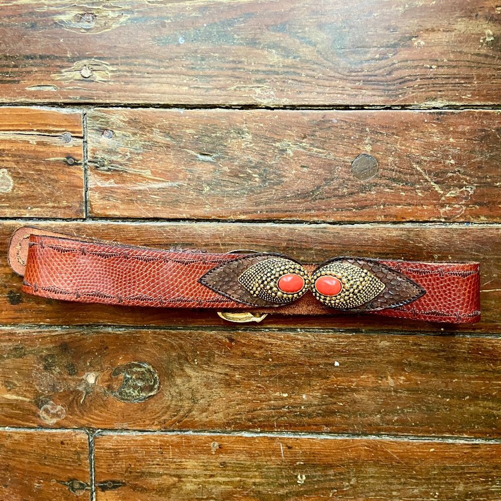 Vintage Adoppia Vita Brown Leather Belt Coral Jeweled Baroque Buckle Italy 28